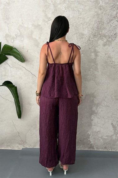 Mürdüm Boyundan Bağlamalı Bluz Pantolon Takım