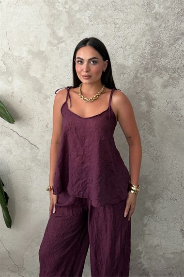 Mürdüm Boyundan Bağlamalı Bluz Pantolon Takım
