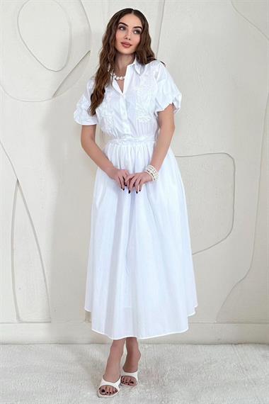 Beyaz Nakışlı İşlemeli Gömlek Yaka Elbise
