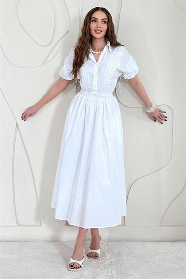 Beyaz Nakışlı İşlemeli Gömlek Yaka Elbise