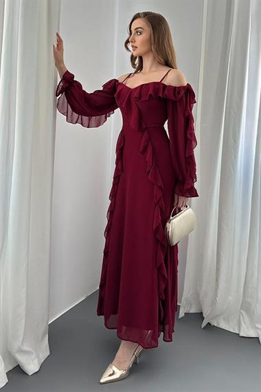 Bordo Omuz Detaylı Astarlı Fırfırlı Şifon Elbise