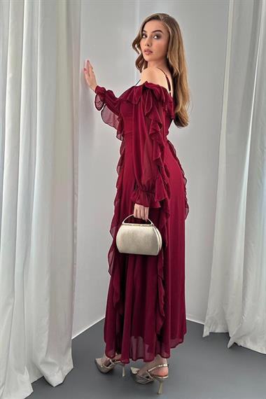 Bordo Omuz Detaylı Astarlı Fırfırlı Şifon Elbise
