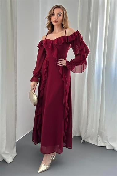 Bordo Omuz Detaylı Astarlı Fırfırlı Şifon Elbise