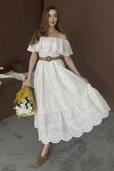 Beyaz Omuz Lastikli Brode Elbise