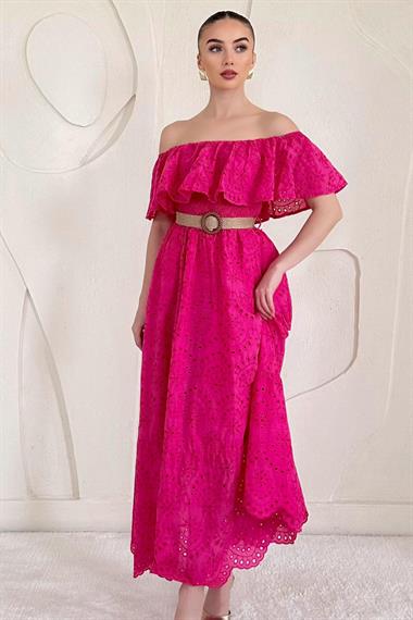 Fuşya Omuz Lastikli Brode Elbise