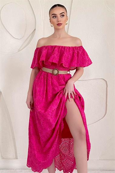 Fuşya Omuz Lastikli Brode Elbise