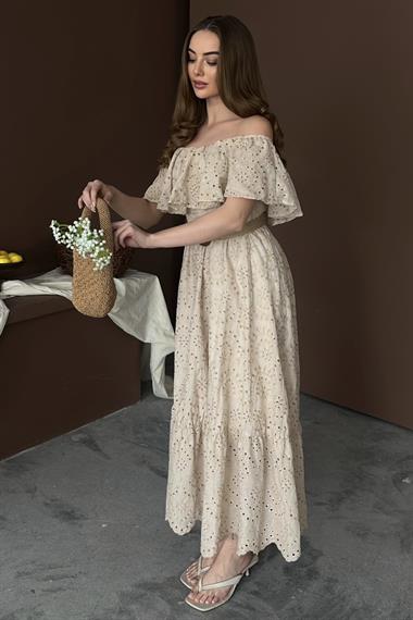 Bej Omuz Lastikli Brode Elbise