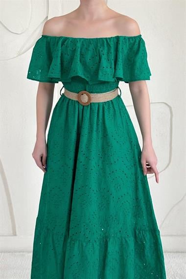 Yeşil Omuz Lastikli Brode Elbise