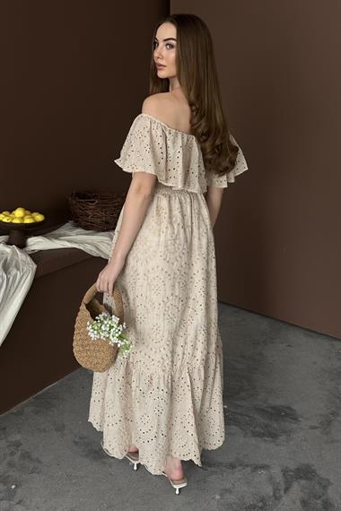 Bej Omuz Lastikli Brode Elbise