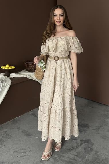 Bej Omuz Lastikli Brode Elbise