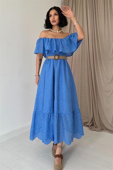 Bebe Mavi Omuz Lastikli Brode Elbise