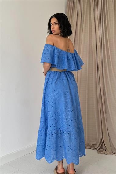 Bebe Mavi Omuz Lastikli Brode Elbise