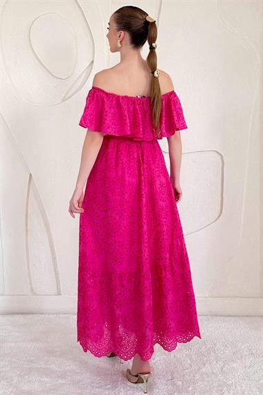 Fuşya Omuz Lastikli Brode Elbise
