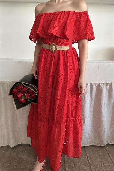 Kırmızı Omuz Lastikli Brode Elbise