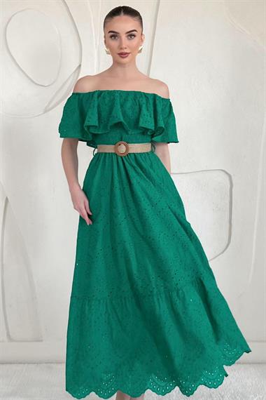 Yeşil Omuz Lastikli Brode Elbise