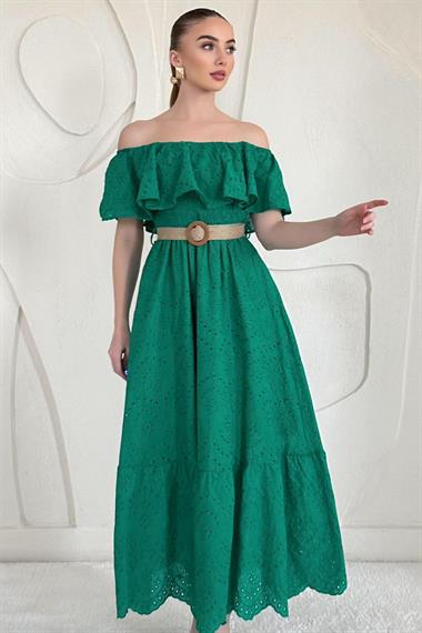Yeşil Omuz Lastikli Brode Elbise