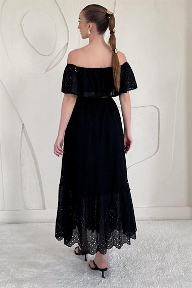 Siyah Omuz Lastikli Brode Elbise