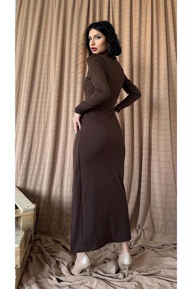 Kahverengi Ön Ek Parça Detaylı Elbise