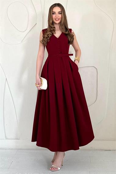 Bordo Önü Brit Detaylı Kemerli Elbise