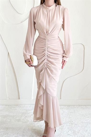 Bej Önü Büzgülü Şifon Elbise