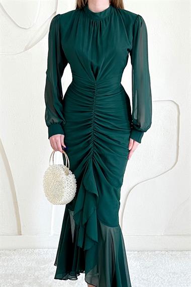 Zümrüt Önü Büzgülü Şifon Elbise