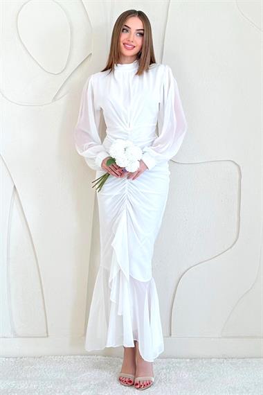 Beyaz Önü Büzgülü Şifon Elbise
