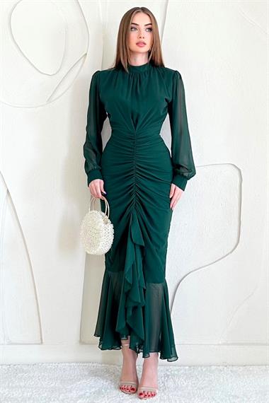 Zümrüt Önü Büzgülü Şifon Elbise