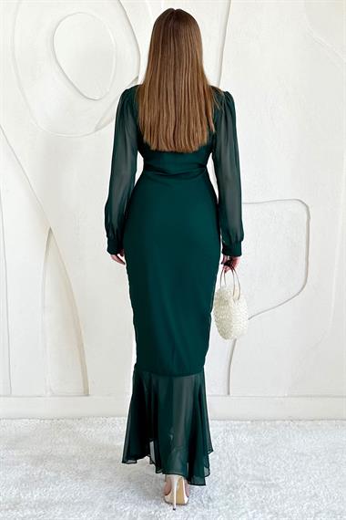Zümrüt Önü Büzgülü Şifon Elbise