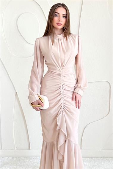 Bej Önü Büzgülü Şifon Elbise