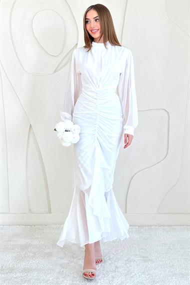 Beyaz Önü Büzgülü Şifon Elbise