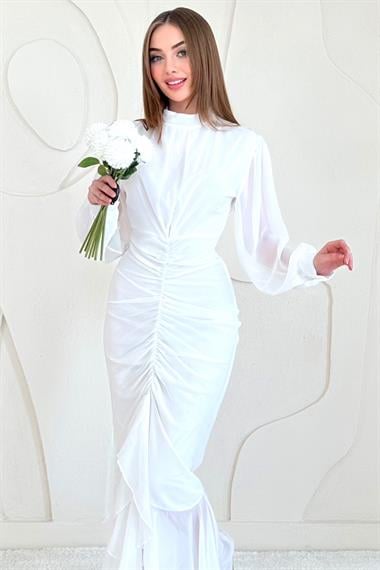 Beyaz Önü Büzgülü Şifon Elbise