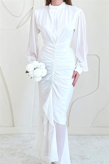 Beyaz Önü Büzgülü Şifon Elbise