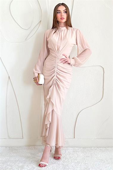 Bej Önü Büzgülü Şifon Elbise