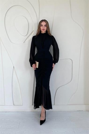 Siyah Önü Büzgülü Şifon Elbise