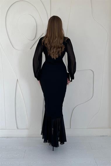 Siyah Önü Büzgülü Şifon Elbise