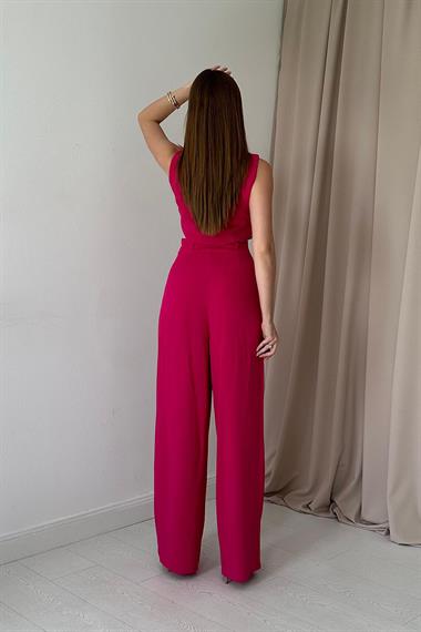Fuşya Önü Düğmeli Yelek ve Pantolon Takım
