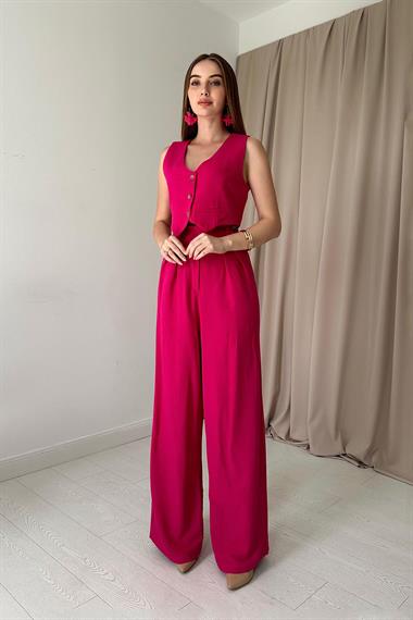 Fuşya Önü Düğmeli Yelek ve Pantolon Takım