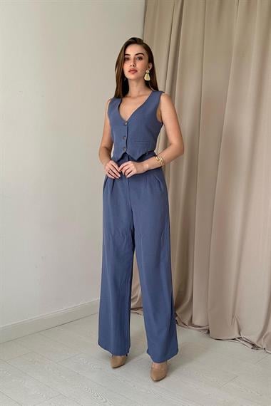 İndigo Önü Düğmeli Yelek ve Pantolon Takım