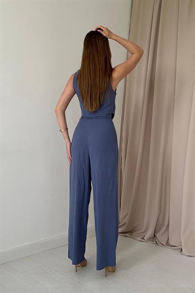 İndigo Önü Düğmeli Yelek ve Pantolon Takım