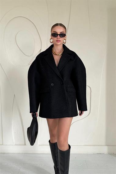 Siyah Oversize İki Düğmeli Kaşe Manto