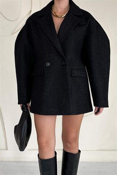 Siyah Oversize İki Düğmeli Kaşe Manto
