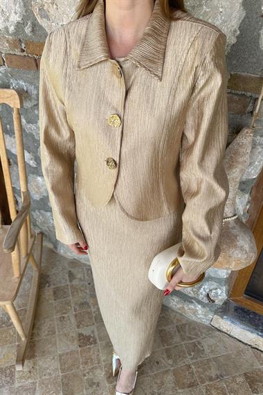 Sarı Parlak Ceket Etek Takım