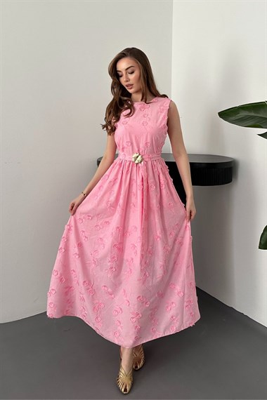 Pembe 3d Brode Detaylı Elbise