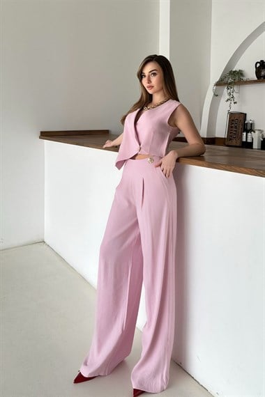 Pembe Asimetrik Yelek Ve Pantolon Takım