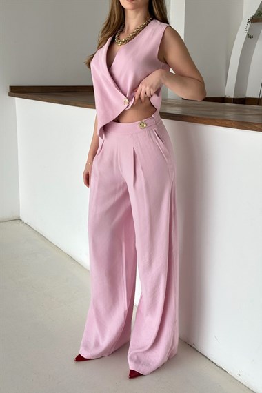 Pembe Asimetrik Yelek Ve Pantolon Takım