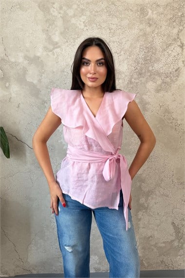 Pembe Belden Bağlamalı Bluz