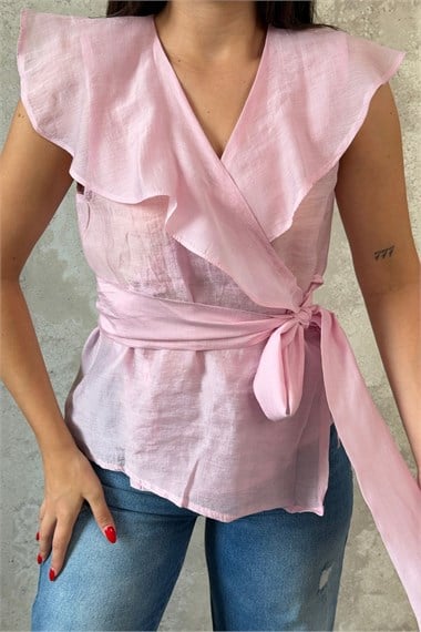 Pembe Belden Bağlamalı Bluz