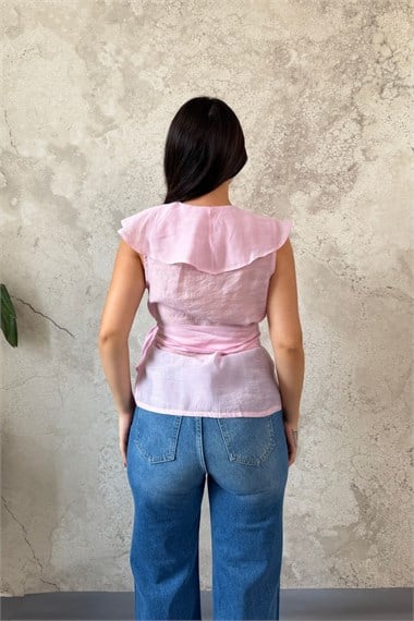 Pembe Belden Bağlamalı Bluz