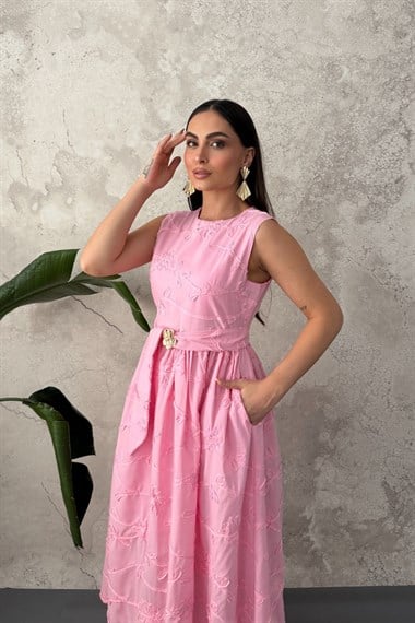 Pembe Beli Büzgülü Kuşaklı Elbise