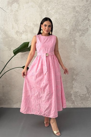 Pembe Beli Büzgülü Kuşaklı Elbise